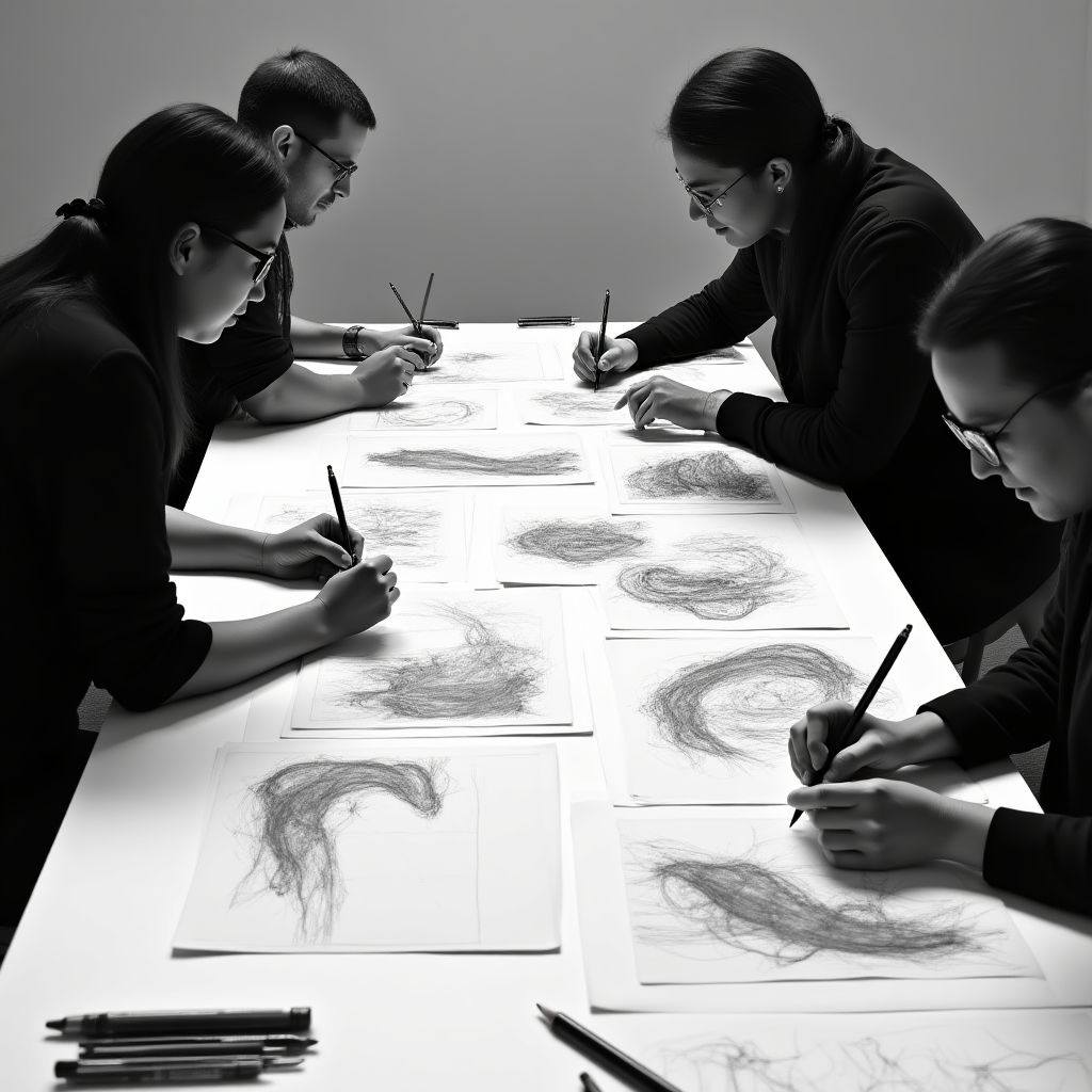 Sesión creativa en Estudio Nexus con bocetos y moodboards futuristas